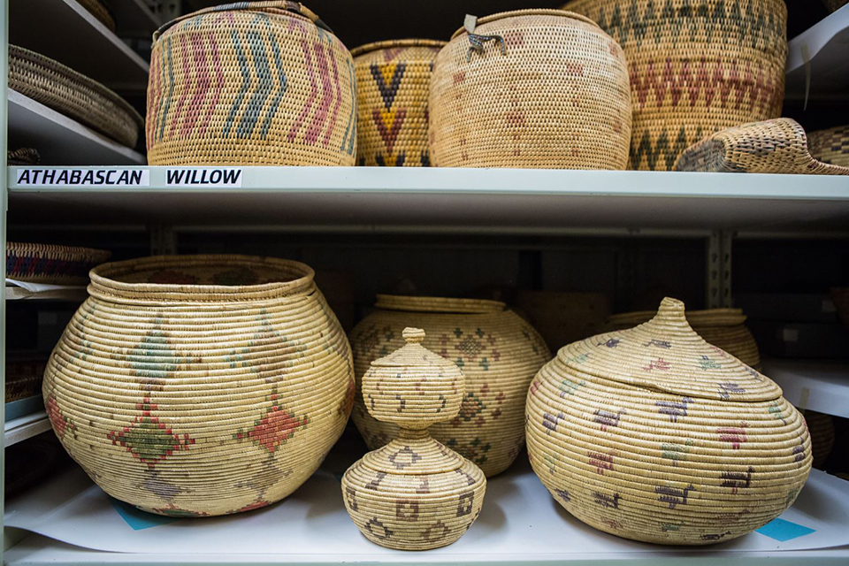 Athabascan willow baskets carefully stored in the basement of the Alaska Museum of the North | UAF Photo by JR Ancheta