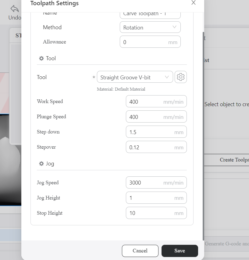 Showing the settings on a 4-axis CNC machine