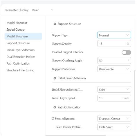 Image of settings for Snapmaker printing