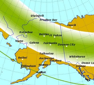 Map of Alaska with cities labeled. A large green band representing aurora activity is across the center part of the state.