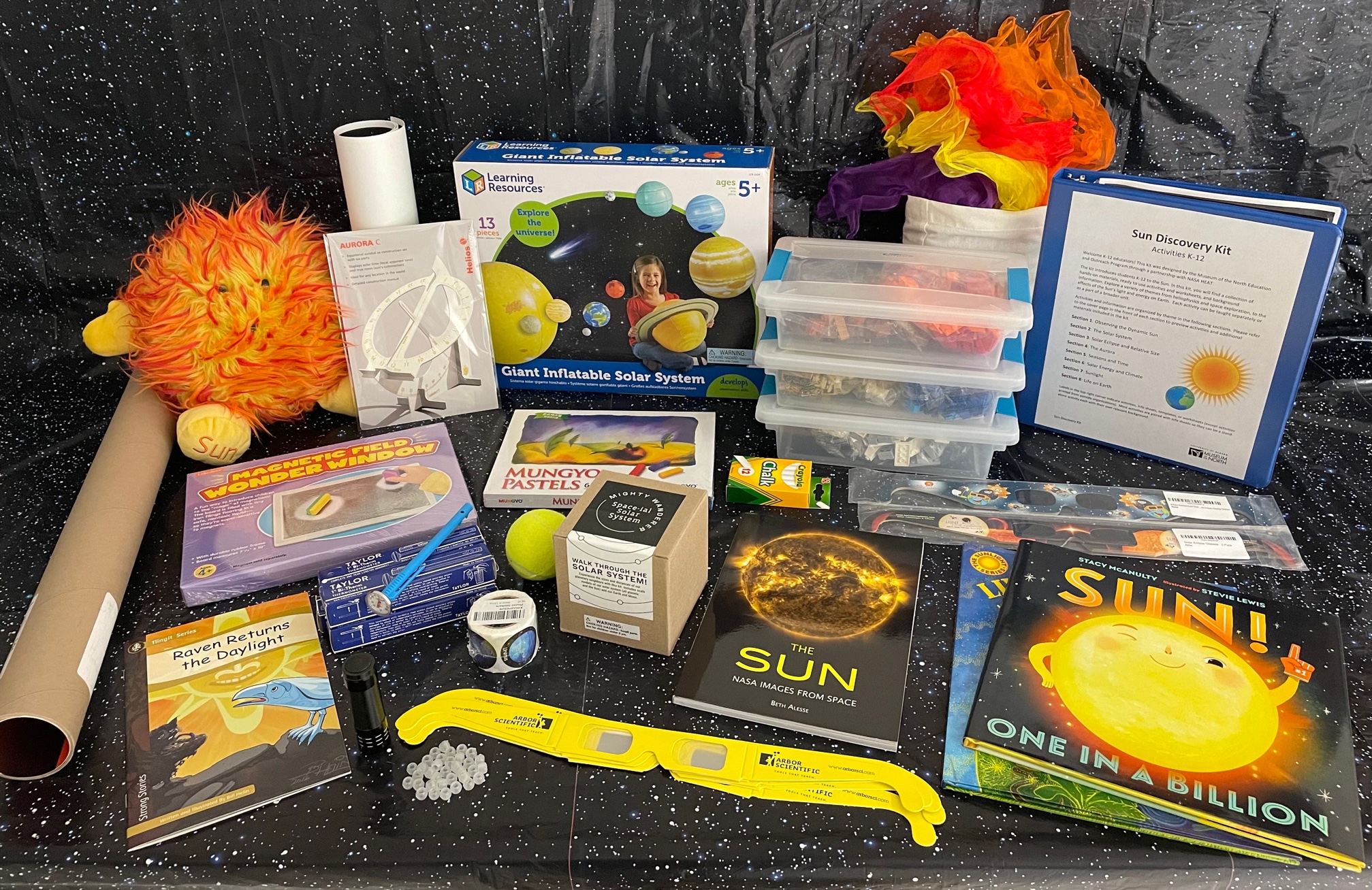 Sun discovery kit contents on a starry background.