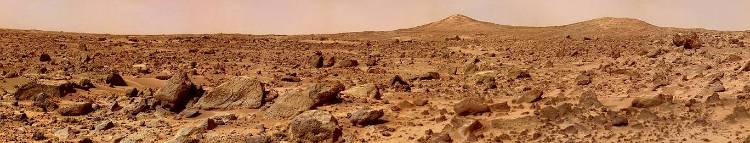 The rocky Martian landscape as seen from the surface.