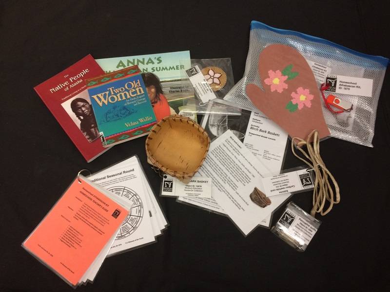 Dene (Athabascan) Culture Homeschool Kit contents on a black background.