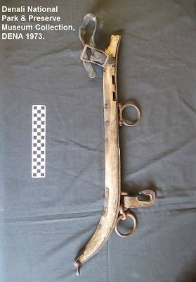 Wooden hame, for harnessing a horse or mule. Hame consists of a long piece of wood, curved near the bottom. A leather buckle is attached to the top, and two metal rings are attached at the back.