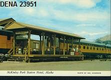 Color postcard of an Alaska Railroad train at the McKinley Park Station Depot.