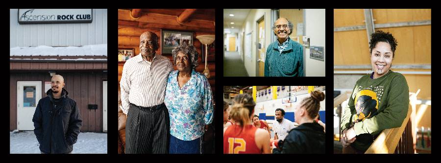 Five portraits of individuals and couples, arranged in a collage.