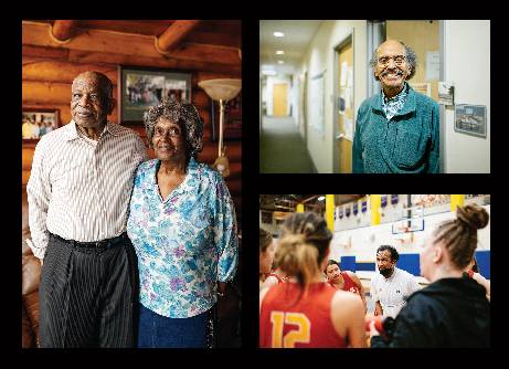 Five portraits of individuals and couples, arranged in a collage.