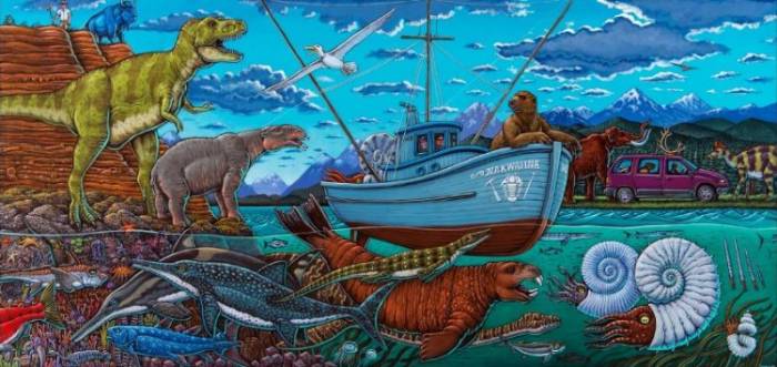 Painting of prehistoric creatures, with a sailboat and van in the background.