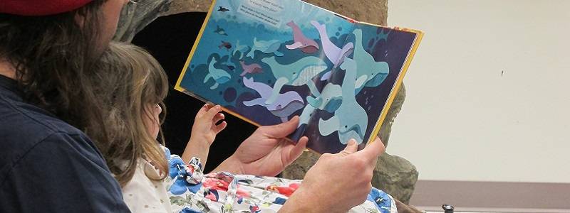 Adult and child sit together in a beanbag chair, reading a picture book.