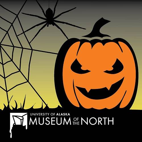 UAMN logo next to a drawing of a pumpkin, a spider, and a spiderweb.