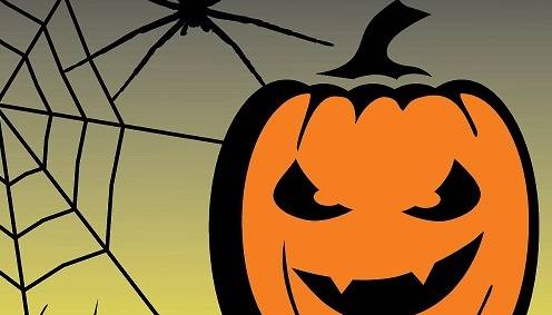 Drawing of a pumpkin, spider, and spider web above the Museum of the North logo.