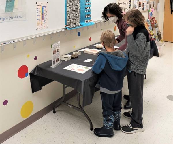 An adult and two children looks at fossils laud out on a table.