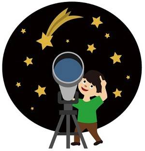 Drawing of a child looking up at the stars, holding a telescope.