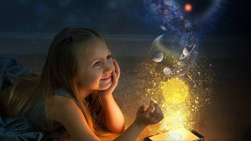 A whimsical artist's view of a girl dreaming of space exploration.