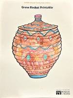 Drawing of coiled grass basket, painted with colorful watercolor paints.