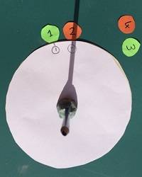 Model sundial; a pencil casting a shadow over a paper circle.