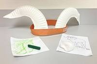 A Dall sheep headband made with a paper plate and a strip of brown paper, next to a drawing of a Dall sheep. A crayon track rubbing is next to the drawing.