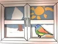 A collage of a winter scene as seen out of a window. A small colored bird is in the window.