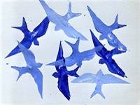 Outlines of several birds printed in blue paint.