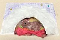 Half of a paper plate with the inside cut out, glued to a sheet of paper, decorated with pieces of colorful tissue paper, cotton balls, and star stickers. A drawing of a brown bear is in the den.