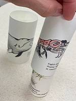 Three paper tubes, with drawings of a whale, krill, and plankton. A hand is stacking them to form a food chain.