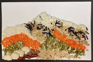 Mountain Seed Art example: Variety of dried seeds, beans, and rice glued to a mountain outline.
