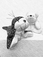 Black and white drawing of two seal plushies.