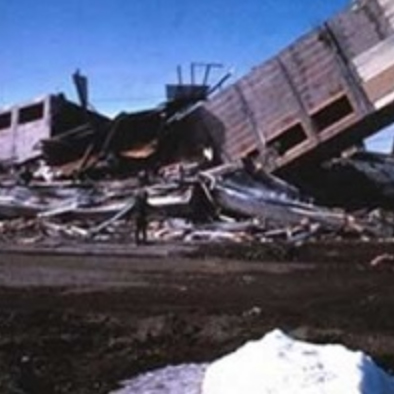 Collapse of the newly completed Four Seasons Apartment Building in Anchorage during the 1964 earthquake.