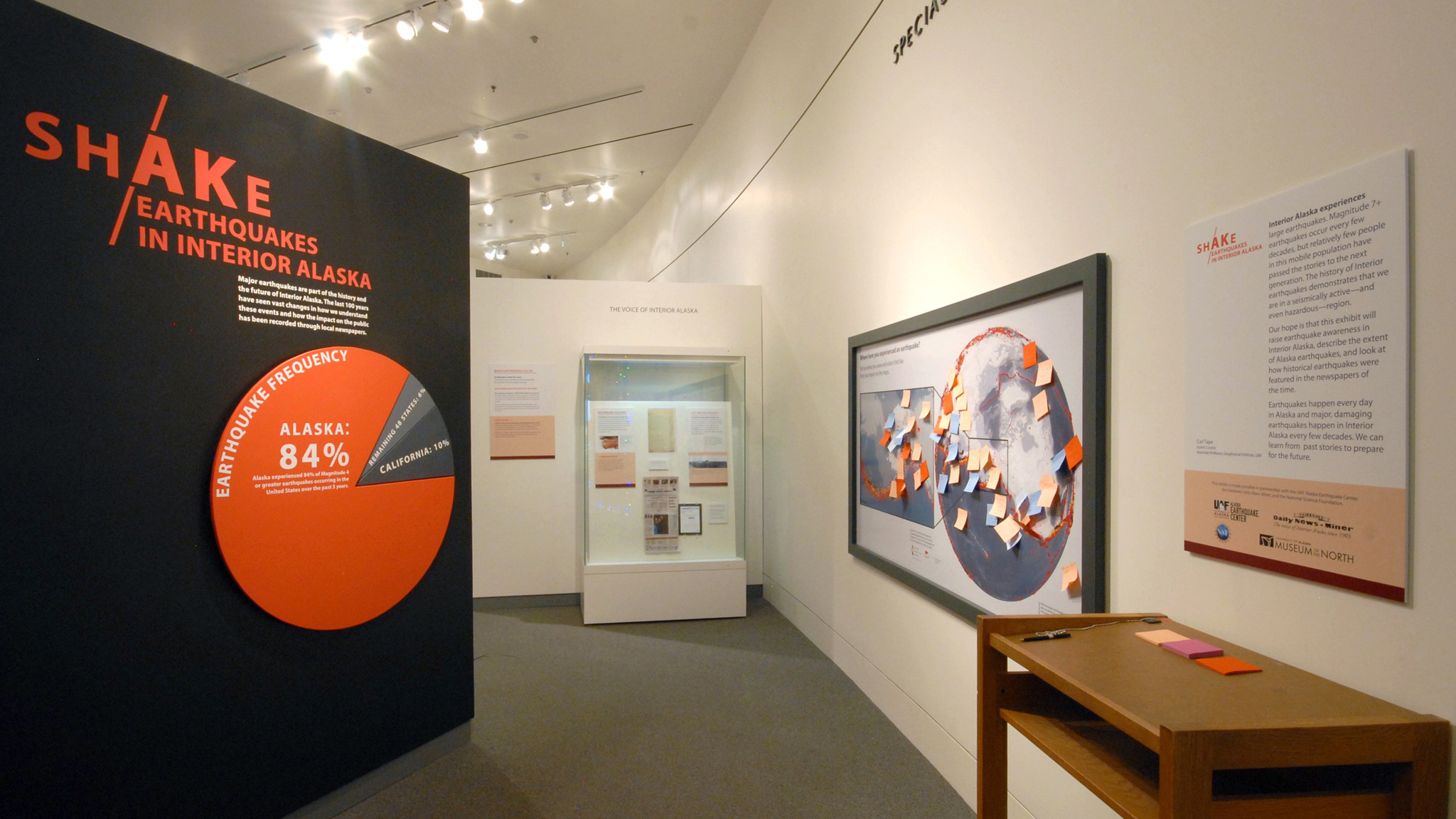 Revisit the 2018-2019 UAMN special exhibition, ShAKe: Earthquakes in Interior Alaska. Entrance to the gallery. 