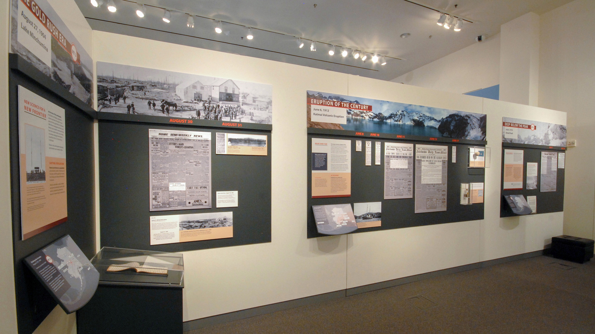 A view of the gallery’s west wall and the 1904 and 1912 earthquake events in Interior Alaska. The diary in the case is Wickersham’s from 1904, on loan from the Alaska State Library.