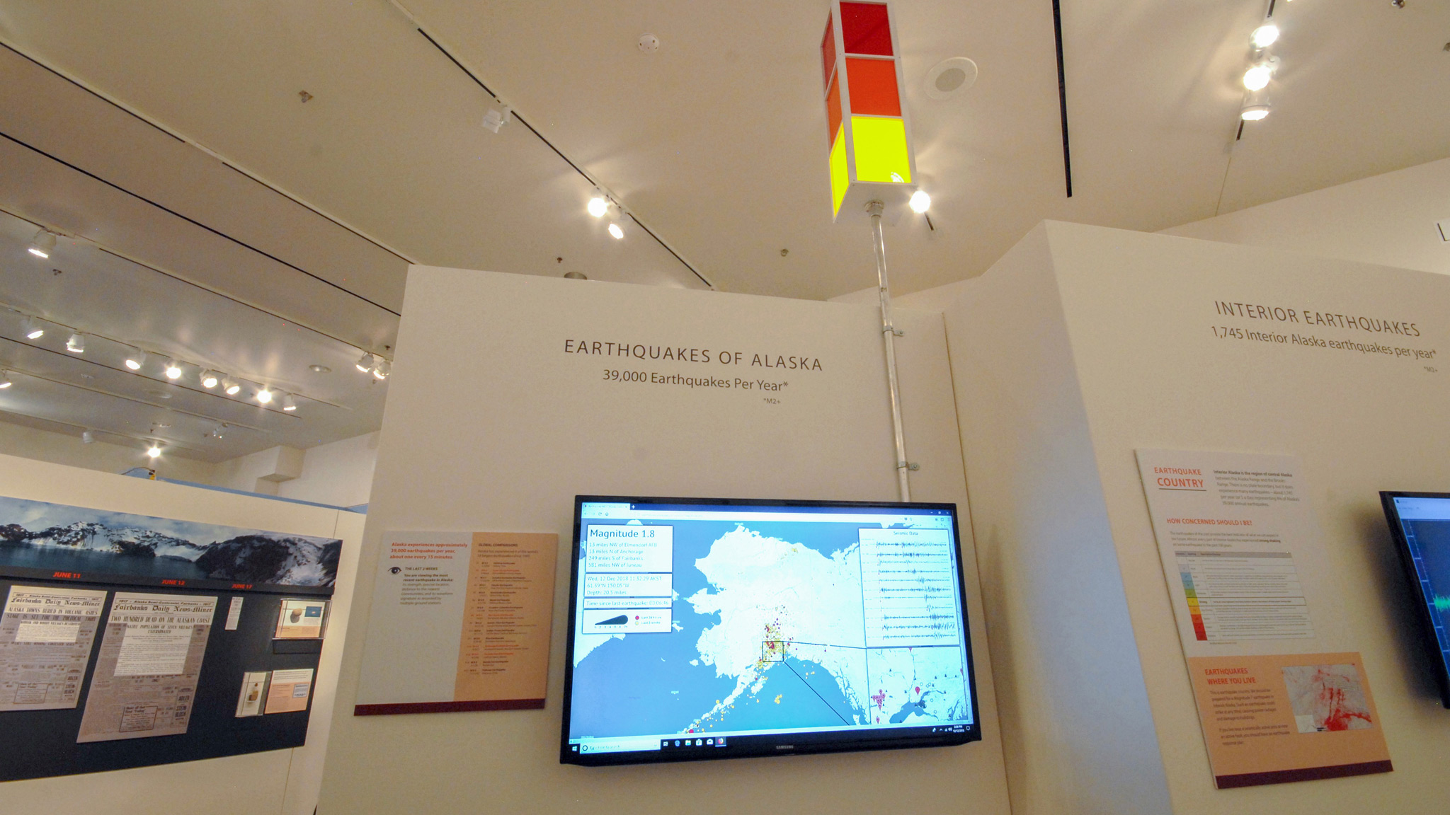 The exhibition’s Alaska Earthquake Map marks the prior two weeks of earthquakes in the state. This map is accessible online. See the menu for links and online resources.