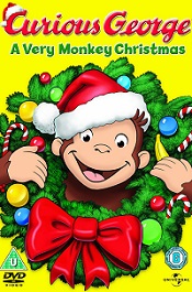 Image of a monkey, Curious George, wearing a red hat, with words "Curious George: A Very Monkey Christmas."