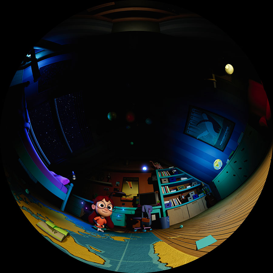 Cartoon character in bedroom in fisheye lense