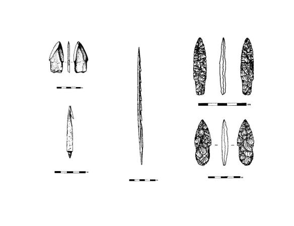 Subsistence-related artifacts from the Maiyumerak Creek Site (XBM-131) in northwest Alaska (Illustration by Maureen Howard)