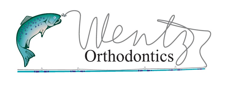 Logo for Wentz Orthodontics featuring a fish and fishing pole.