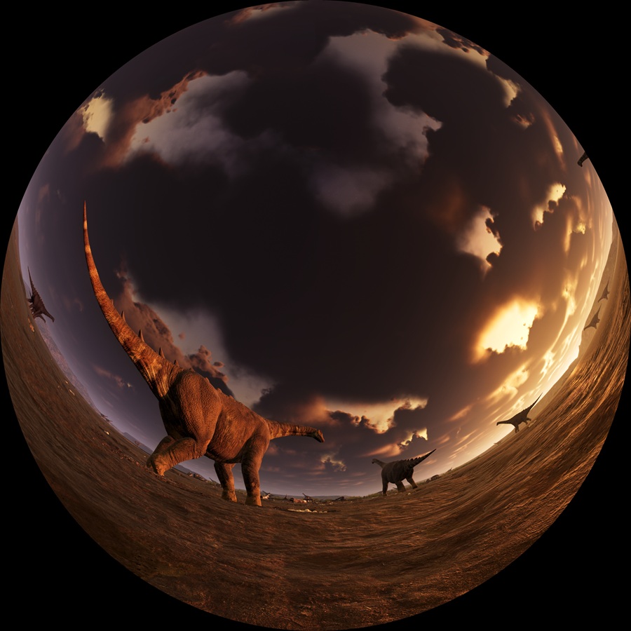 Artist rendition of dinosaurs on a plain in fisheye lens