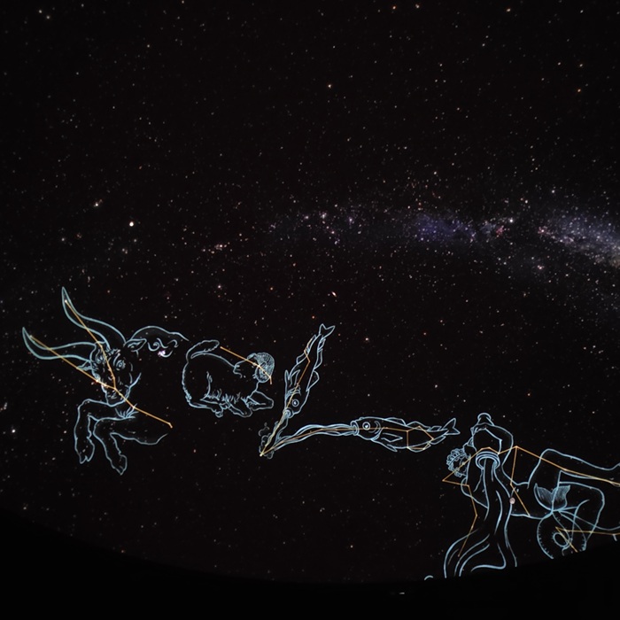 Constellation line and artwork on planetarium dome