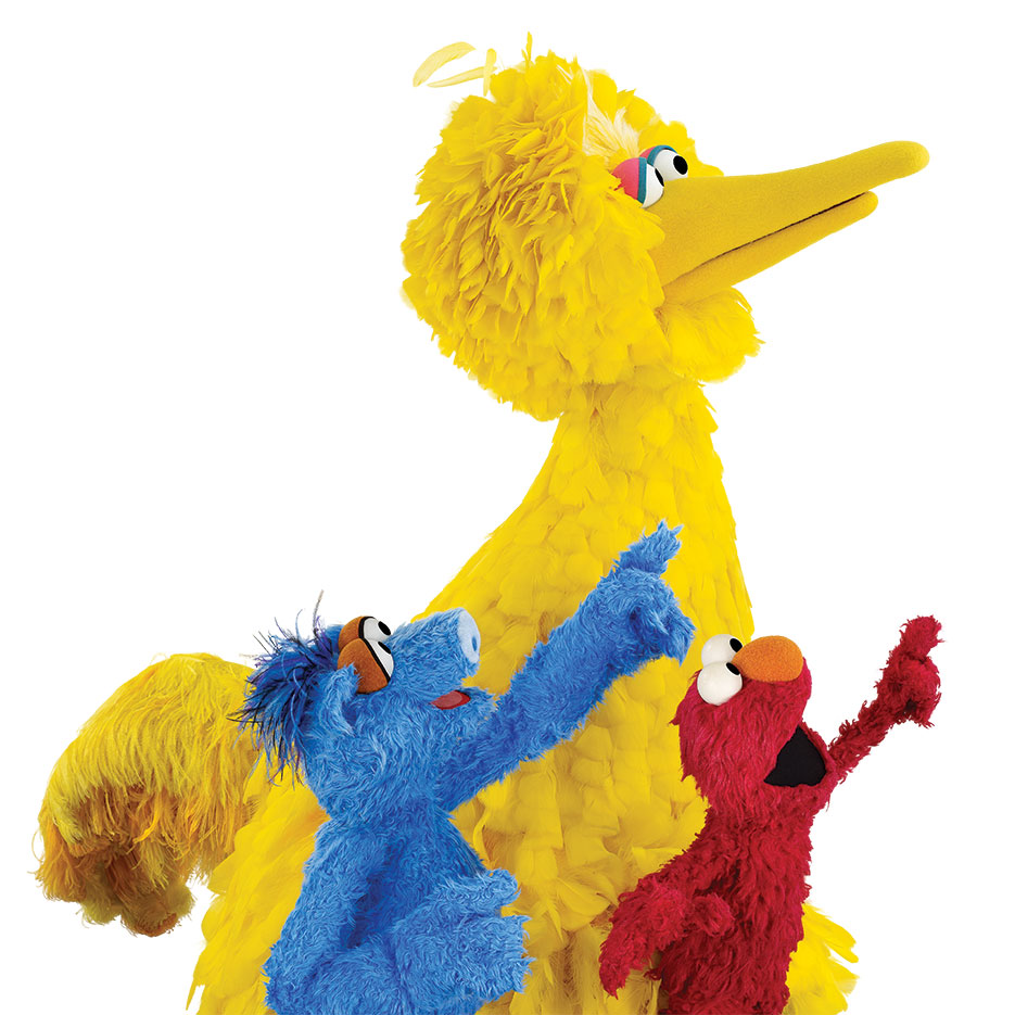 Big Bird, Hu Hu, and Elmo muppets pointing at the sky