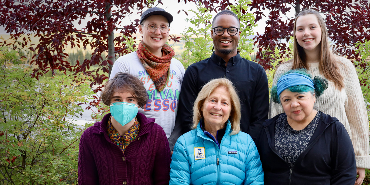 2023 Wood Talent Grant recipients and donor. Back row, left to right: Amy Edler, Edward Brown, Hannah Greene. Front row, left to right: Seumas Knight, donor Karen Parrish, Trysh Womack. UAF Photo by Jaunelle Celaire 