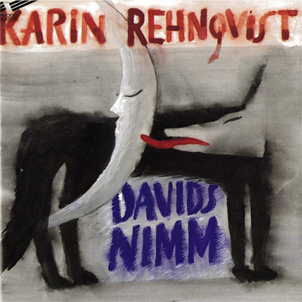 Abstract album cover art feeaturing a crescent moon and an animal with it's tongue out. It says Karin Rehnqvist - Davids Nimm"