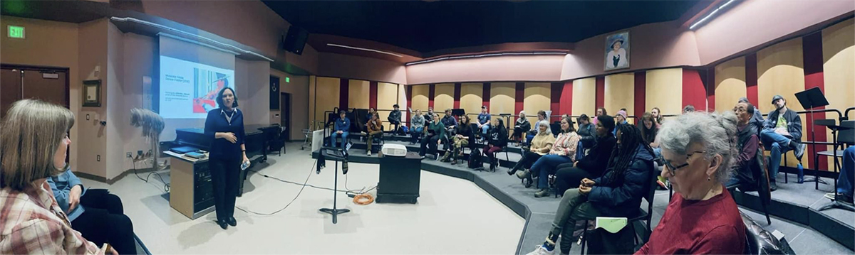 Ethnomusicologist and violinist Dr. Heidi Senungetuk presents in the Eva McGown music room as part of the 2024 Circumpolar Music Series. Photo courtesy of the UAF Department of Music