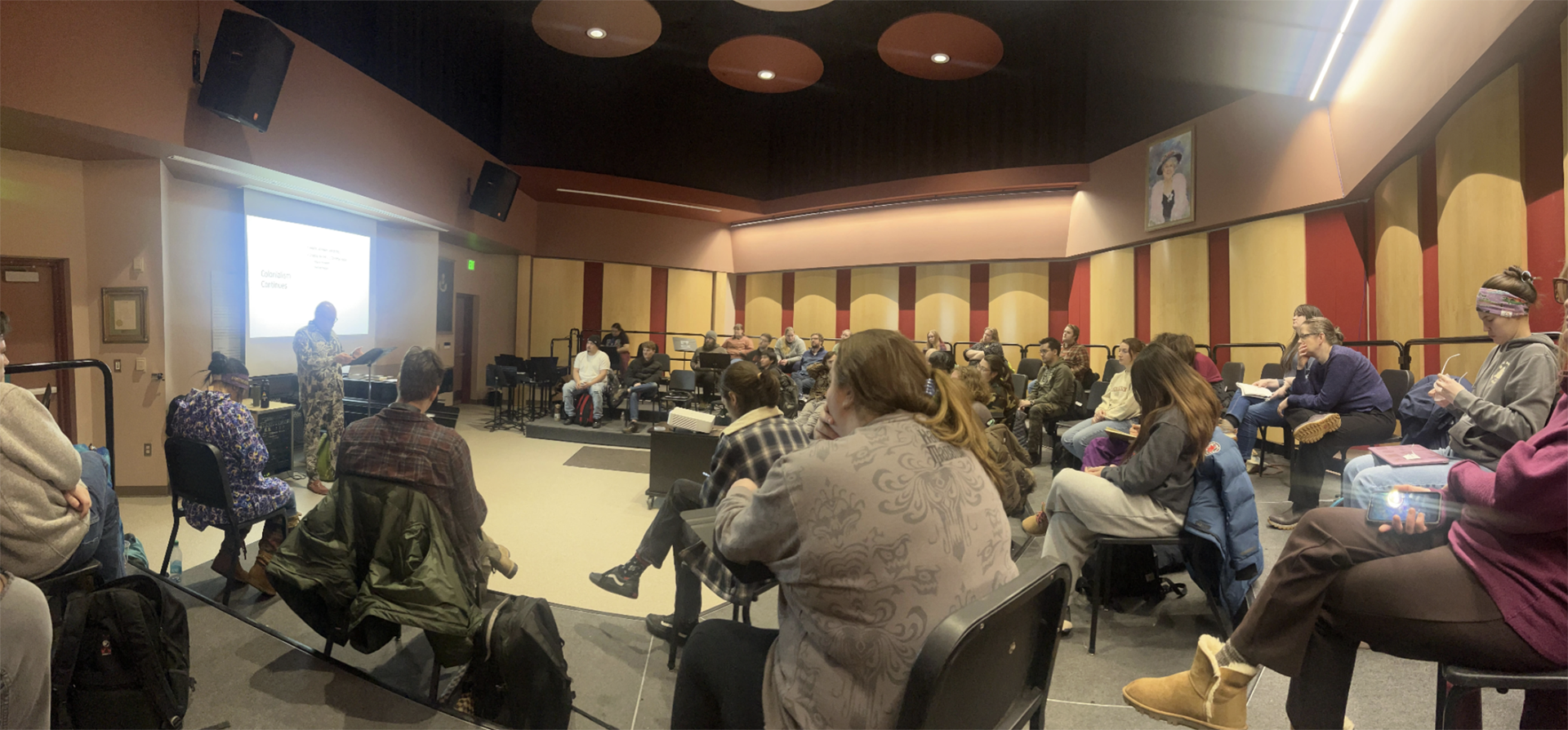 Zachary Milliman presents to the Alaska Native Music course. UAF Photo