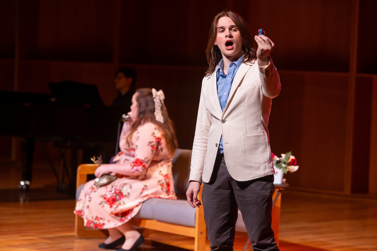 UAF College of Liberal Arts Department of Music presents opera performances "Bon Appétit" by Lee Hoiby featuring Ellie Maglaya, and "The Telephone" by Gian Carlo Menotti featuring Clark Milstead and Elly Ditmore, Sunday, November 16, 2025 in the Davis Concert Hall. UAF Photo by Eric Engman