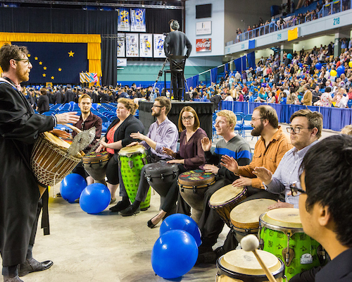 The UAF Percussion Group, Ensemble 64.8, leads the recessional music at the Commencement 2016 ceremony inside the Carlson Center. | UAF photo by JR Ancheta