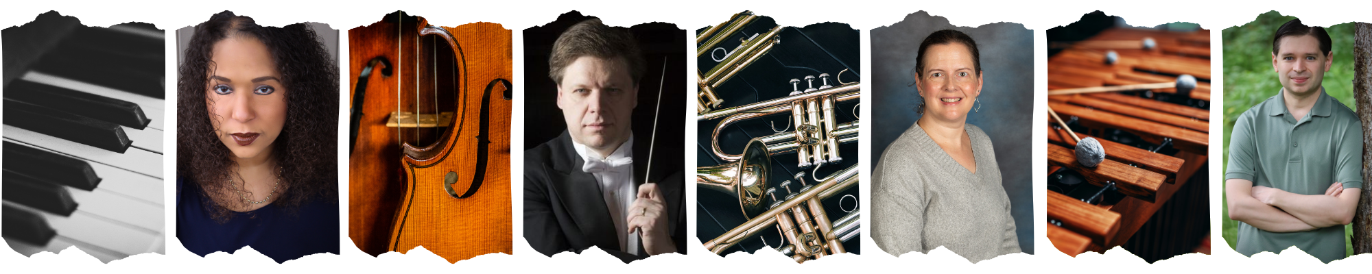 Banner image including faculty of the UAF Department of Music and close up photos of instruments