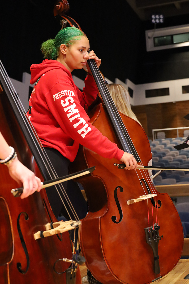 Upright bass player practicing during the 2026 Summer Music Academy. UAF Photo by Jaunelle Celaire.