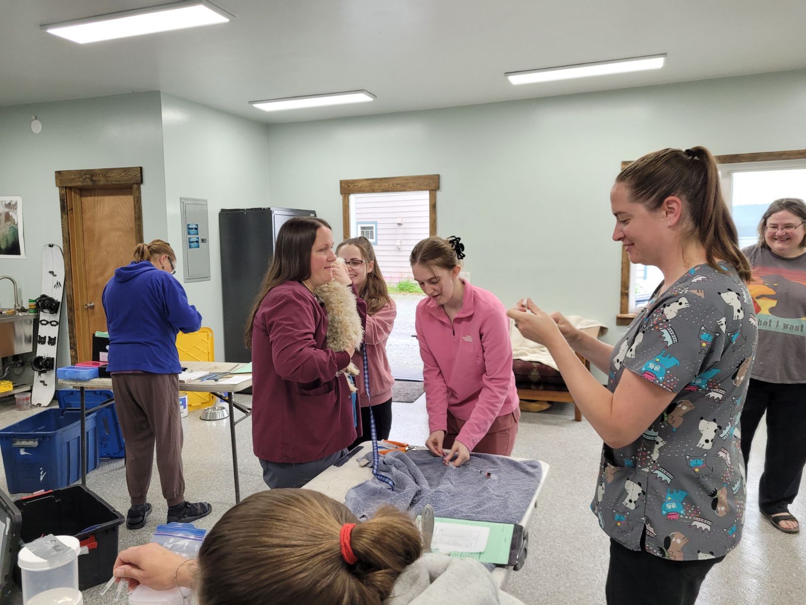 A group of veterinarians in training mingle and prep for vet services in a makeshift clinic setting. All are standing or sitting in various places around the room.