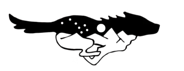 The logo for Trailbreaker Veterinary Services which is the profile silhouette of a husky running the top half of the dog is black with the moon and Big Dipper in white. The bottom half is white with black lines depicting mountains and rivers