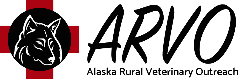 Logo for the Alaska Rural Veterinary Outreach organization. To the right is a red medical cross with a black husky illustration cropped into a circle overlayed on the cross. To the right "ARVO" in large black text with "Alaska Rural Veterinary Outreach" in small black text below the acronym. 