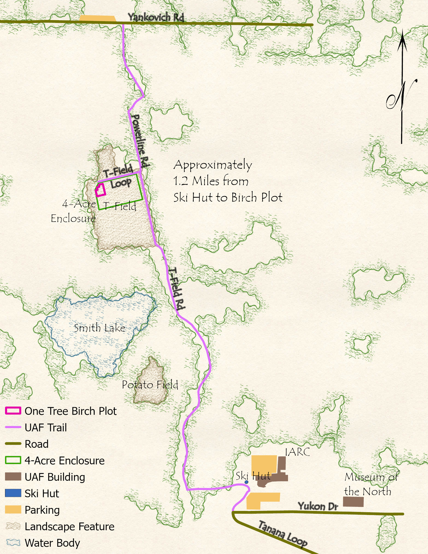 A map showing the trail from the University of Alaska Fairbanks campus to a site in the T Field. 